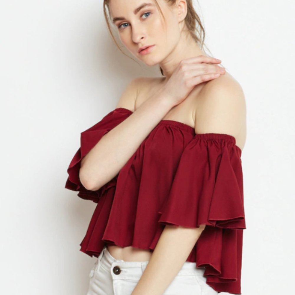 Women Maroon Solid Bardot Top